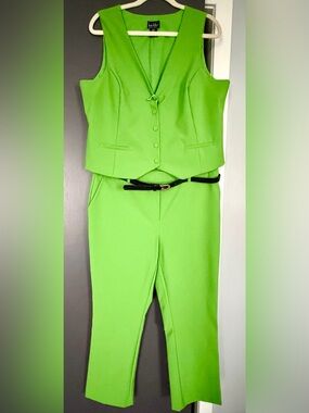 Nicole Miller New York Lime Green Vest & Pants Set Women’s Size L Career Chic